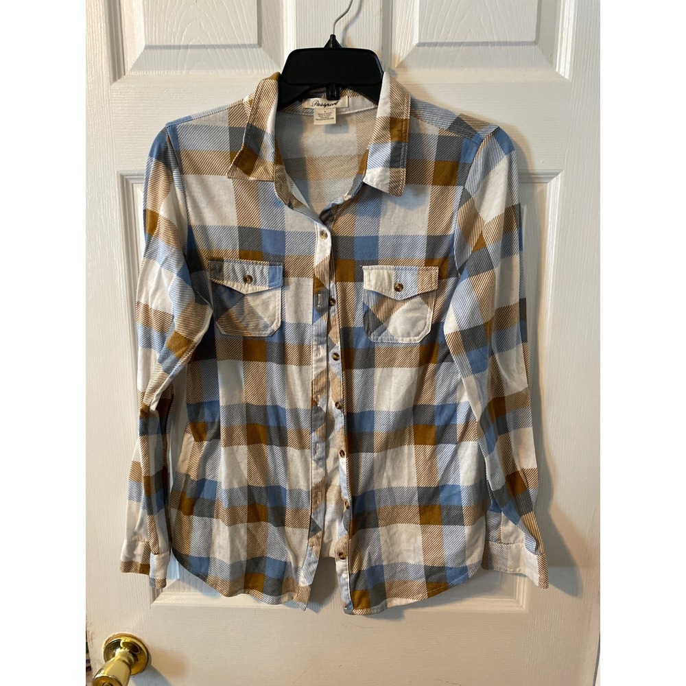 Passport Womens Blue Mustard Yellow Plaid Button Down Shirt Large Long Sleeve
